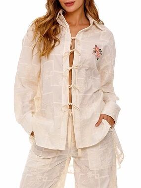 NWT Agua Bendita Swan Solid Meraki Embroidered Cotton Shirt Sz XS/S